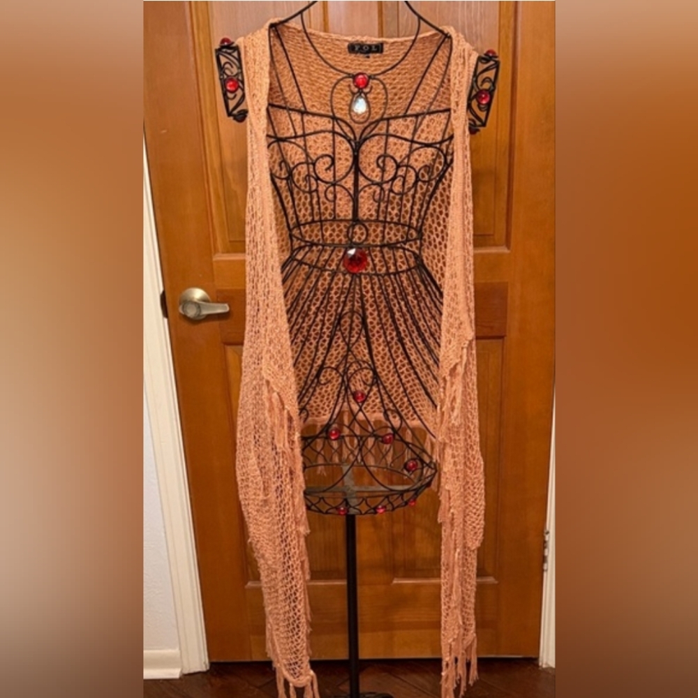 POL Camel Crochet Fringe Tunic